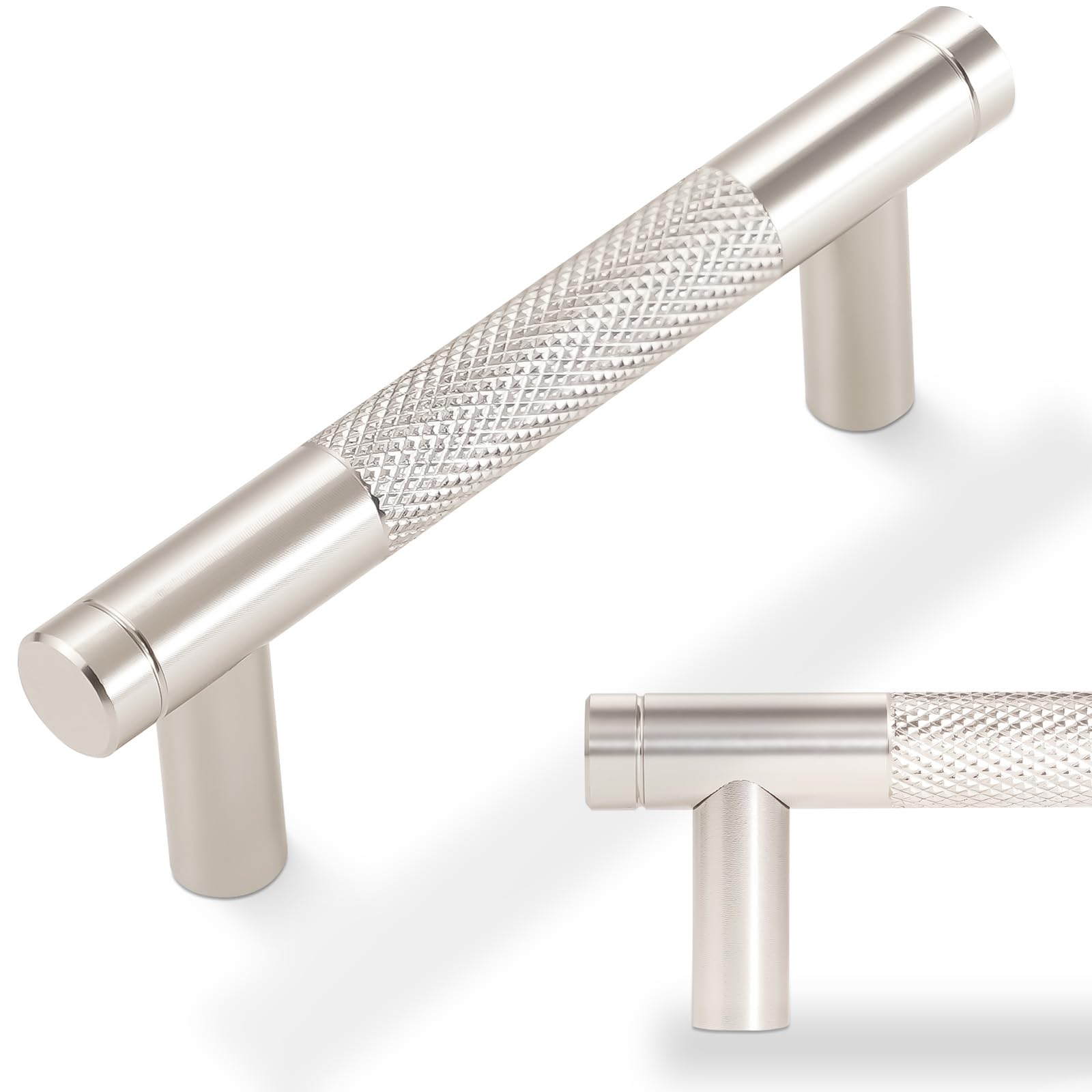 Tiradores de níquel satinado cepillado de 76 mm con textura moleteada premium