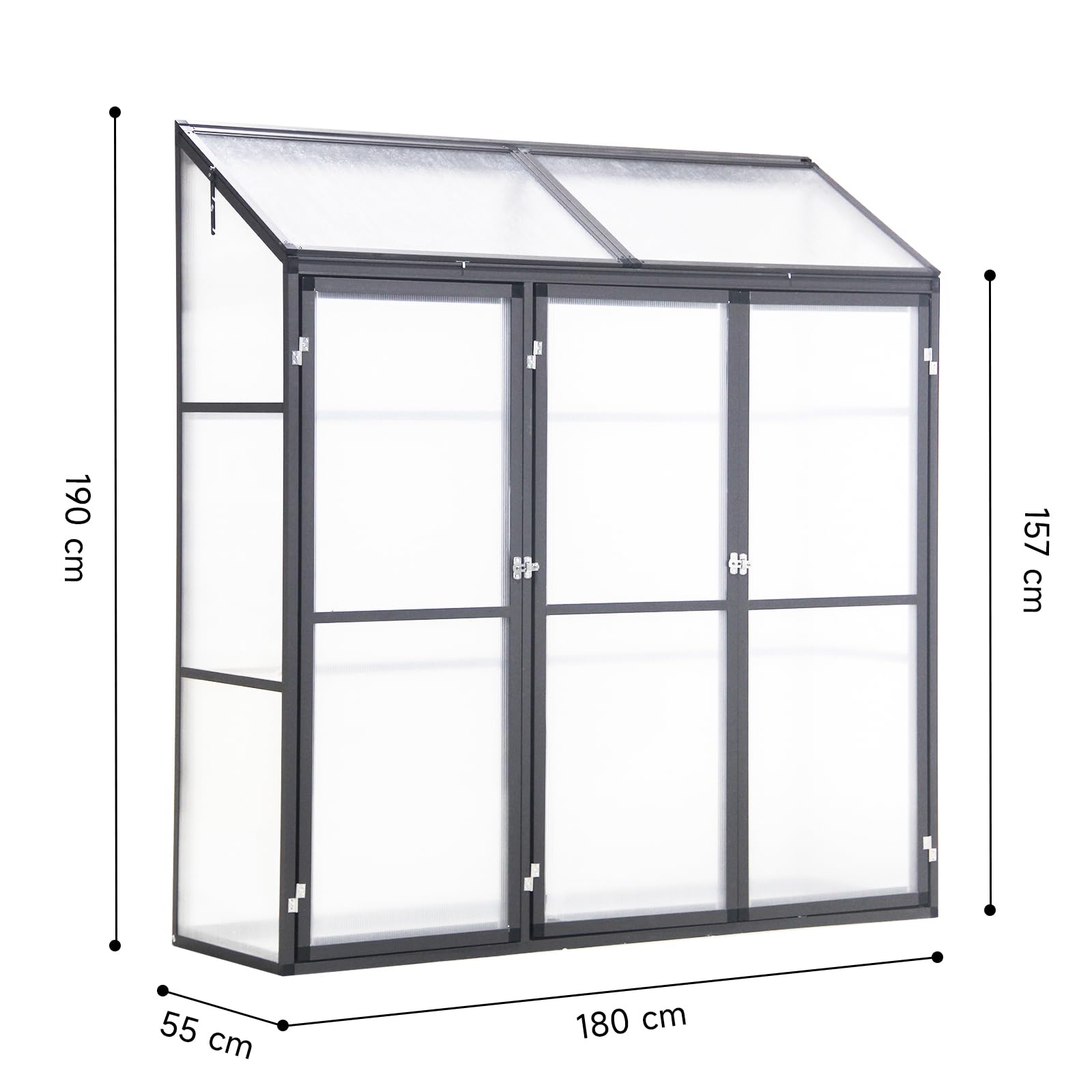 Anlehngewächshaus Aluminium Beistell-Gewächshaus (Grau) – 180x55x190cm, 3 Türen & 2 Oberlicht, geeignet für Zitronenbaum-Töpfe, Chrysanthemen & weitere Pflanzen, Greenhouse