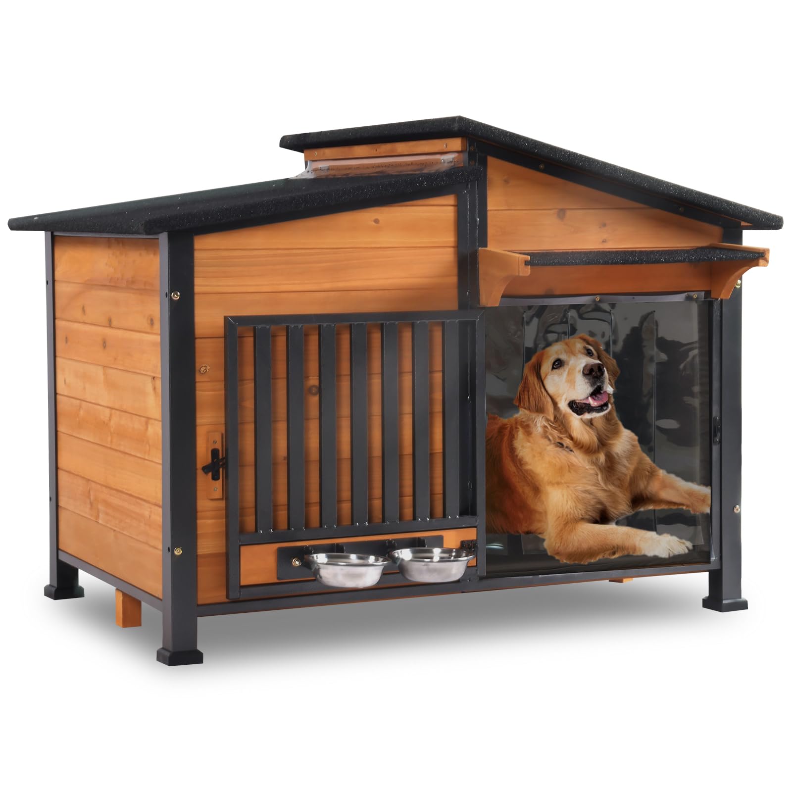 GUTINNEEN Large Dog House Outdoor Weatherproof Dog Kennel Shelter, Brown