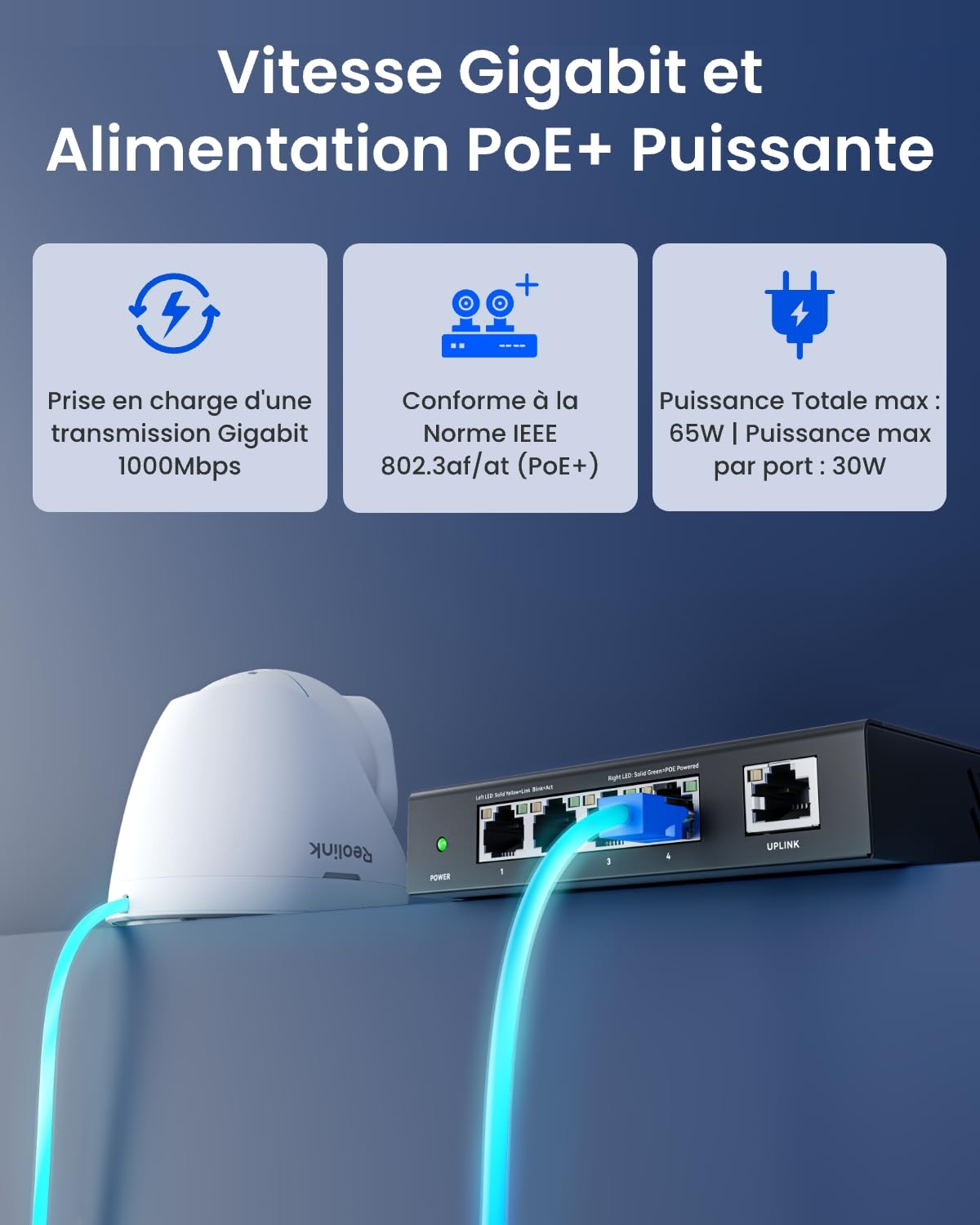 Reolink PoE Switch 4+1 Ports Gigabit, jusqu'à 30 W par Port, Adaptateur 65 W pour la Maison et l'entreprise, Alimentation IEEE-802.3af/at PoE+, Mode récupération et Extension, RLA-PS1E