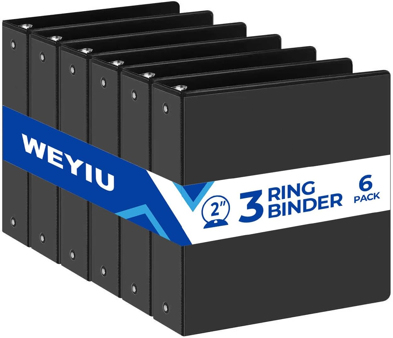 2-inch 3 Ring Binder with 2 Interior Pockets, Heavy Duty 2" Round Ring Binder Holds 450 Sheets of US Letter Size 8.5'' x 11'' Paper for Office/Home/School (Black，6-Pack)