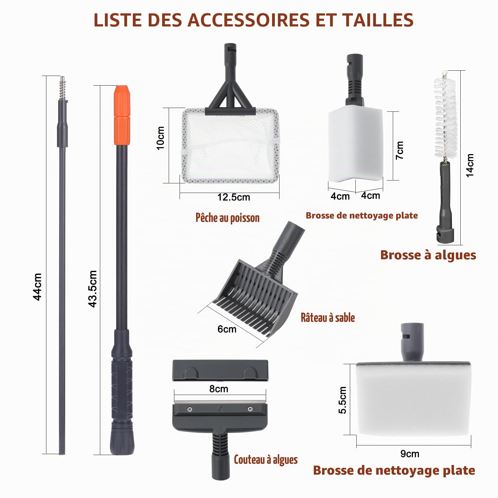 Coolty Outils de Nettoyage D'aquarium 6 en 1 avec Long Manche Télescopique, Grattoir, Filet de Pêche, Brosse de Nettoyage éponge, Râteau de Sable pour Le Nettoyage des Algues dans Les Aquariums