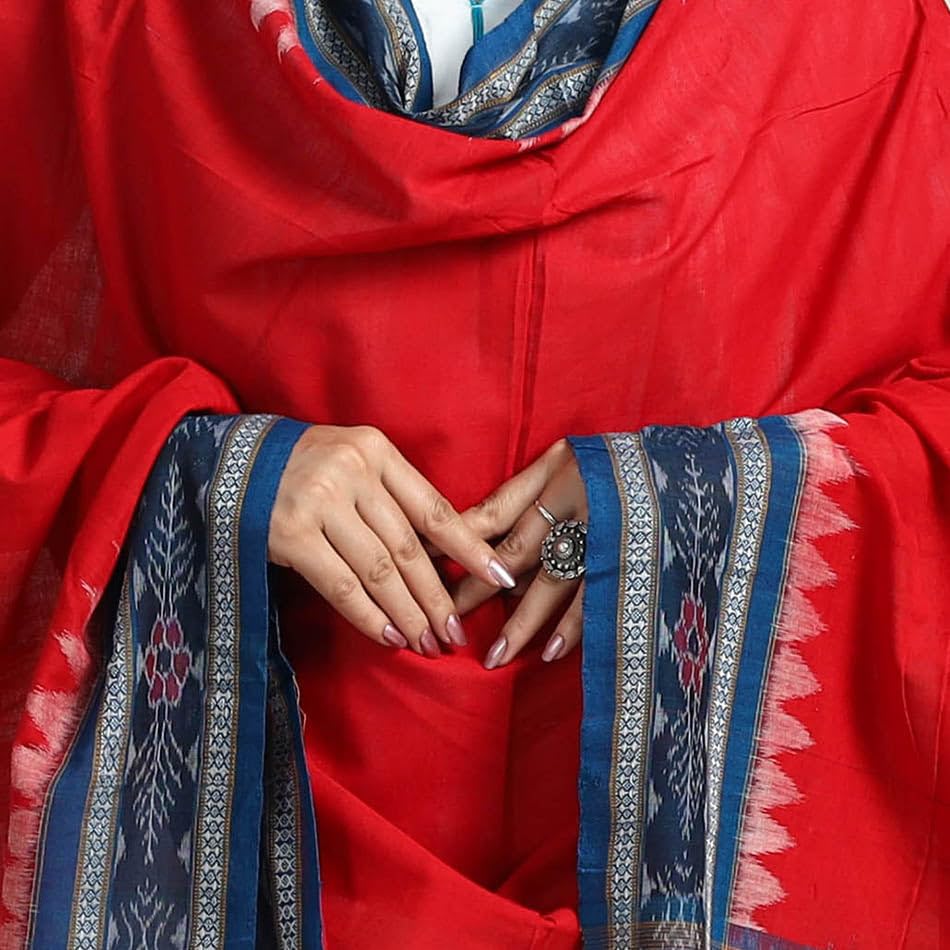 Image of Cotton Dupatta with weaving and Ikat woven border from the Weavers Stole for Girls & Women