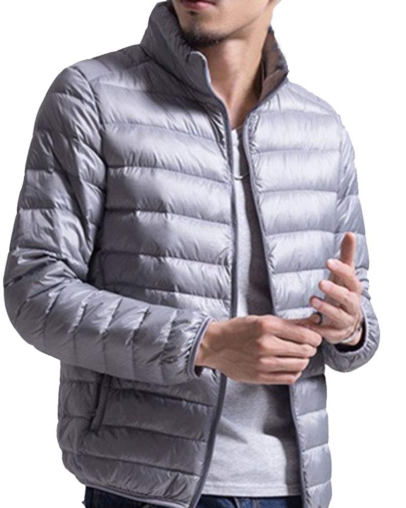 Yaott Men's Silver Gray Lightweight Packable Down Jacket Windproof Stand Collar Down Filled Puffer Jacket Coat Winter Warm Outdoor Down Coat With Side Pockets M
