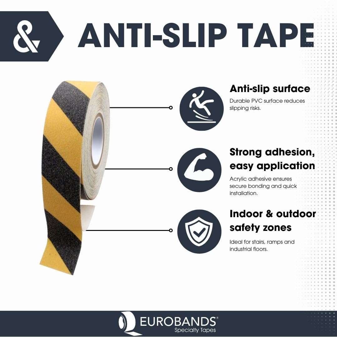 BONUS Eurotech 1BL43.30.0050/018 - Cinta antideslizante, adhesivo a base de acrílico, ancho 50 mm, longitud 18 m, grosor 0,70 mm, amarillo-negro