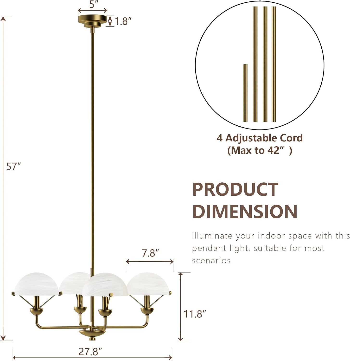 Maxax 4-Light Modern Gold Chandelier, Mid Century Pendant Light, Dining Room Living Room Bedroom, 27.8 Inch, Brass, Metal Glass, Contemporary Glam