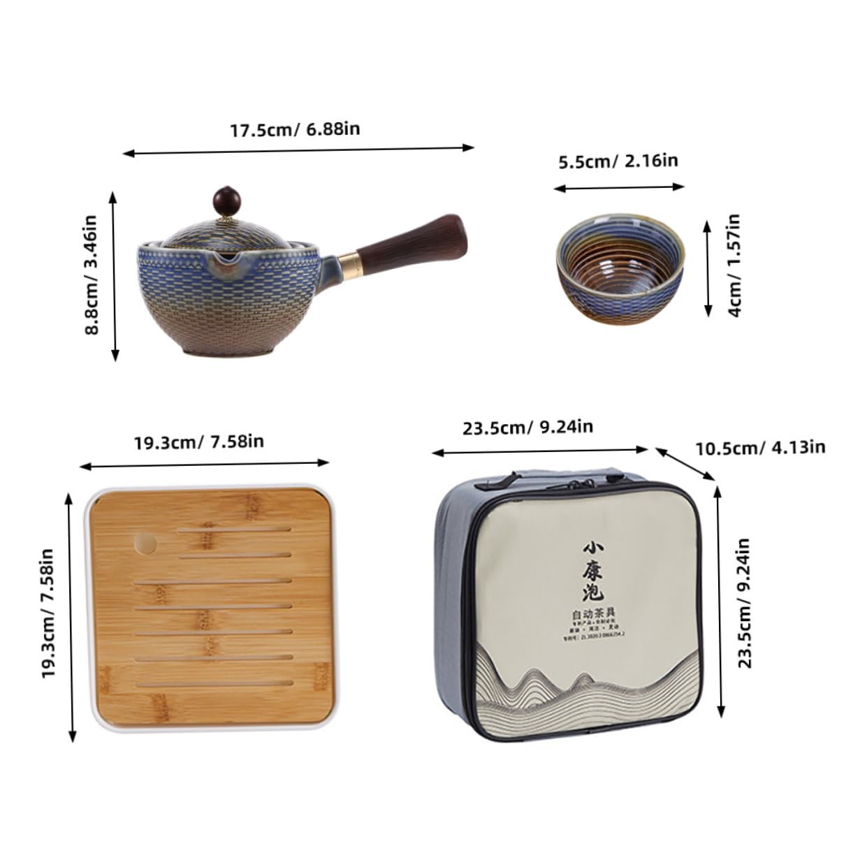 Juego de Té de Cerámica 1 Set de Viaje Portátil para Hogar | Bambú y Madera, Bolsa de Almacenamiento, Diseño Elegante, para Apasionados del Té, Formato Compacto