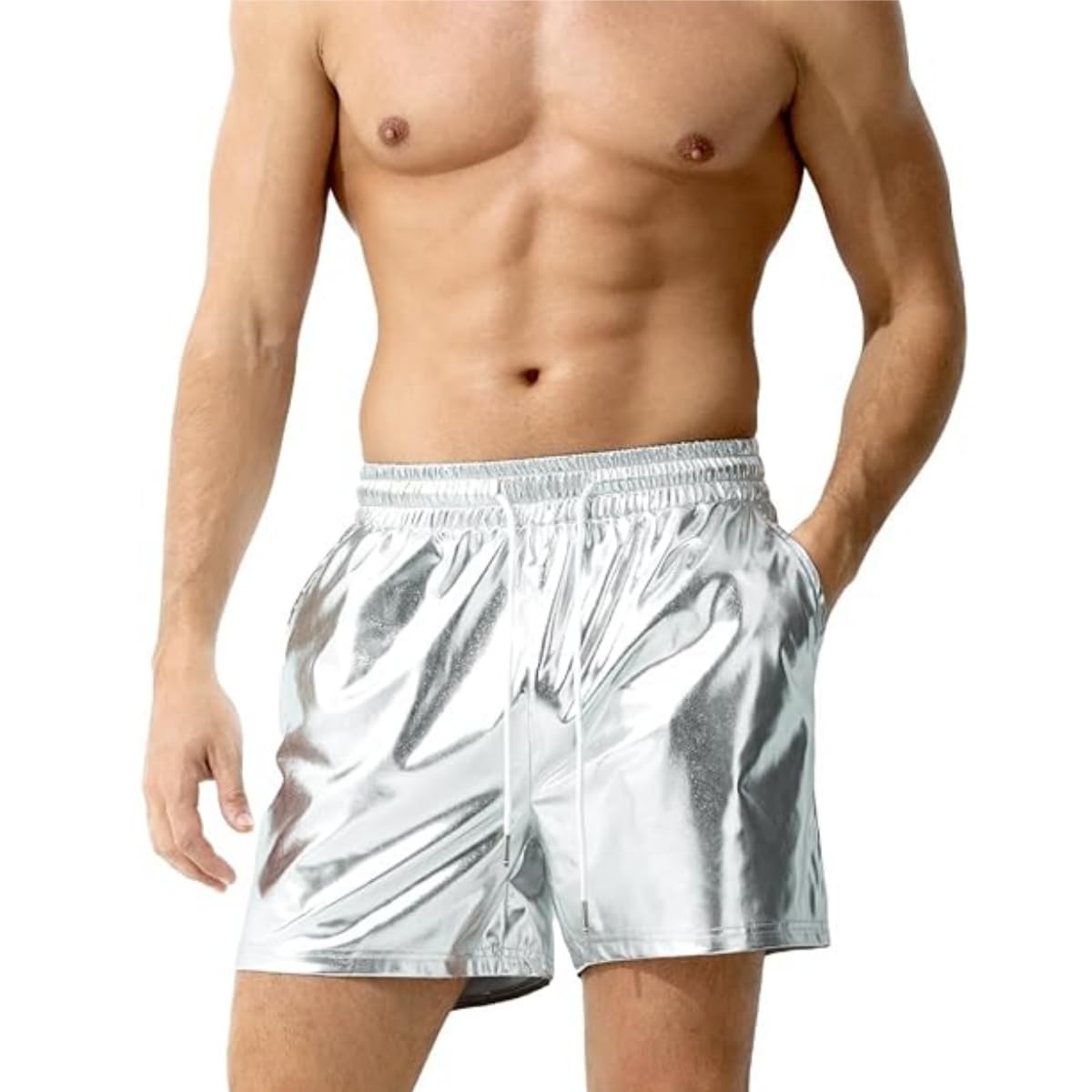 Samheng Men's Silver Metallic Shorts, Sexy Rave Hot Short With Side Pockets, Elastic Metallic Pu Leather Shorts For Clubwear, Sparkly Shorts For Dancewear Nightclub Rave Party, Loose Casual Shorts Pants
