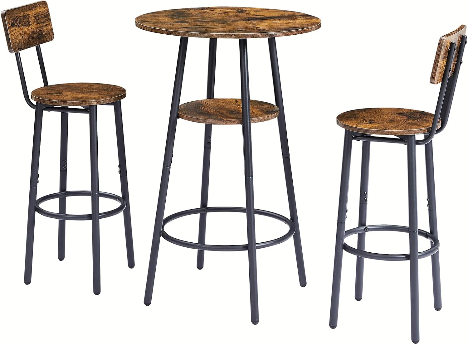 KIVENJAJA Bar Table and Chair Set for 2, 3 Piece 2-Tier Small Round Pub Table & Stools with Backrest, Counter Height High Top Bistro Set for Kitchen Dining Room Breakfast Nook, Rustic Brown