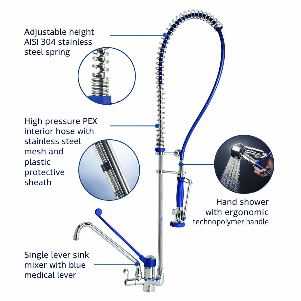 Genebre – Grifo Columna Prelavado Profesional 1707 04 | Grifo Industrial Monomando con Maneta Médica, Ducha Extraíble y Caño Giratorio | Cocina Profesional Hostelería Restaurante | Acero Inoxidable