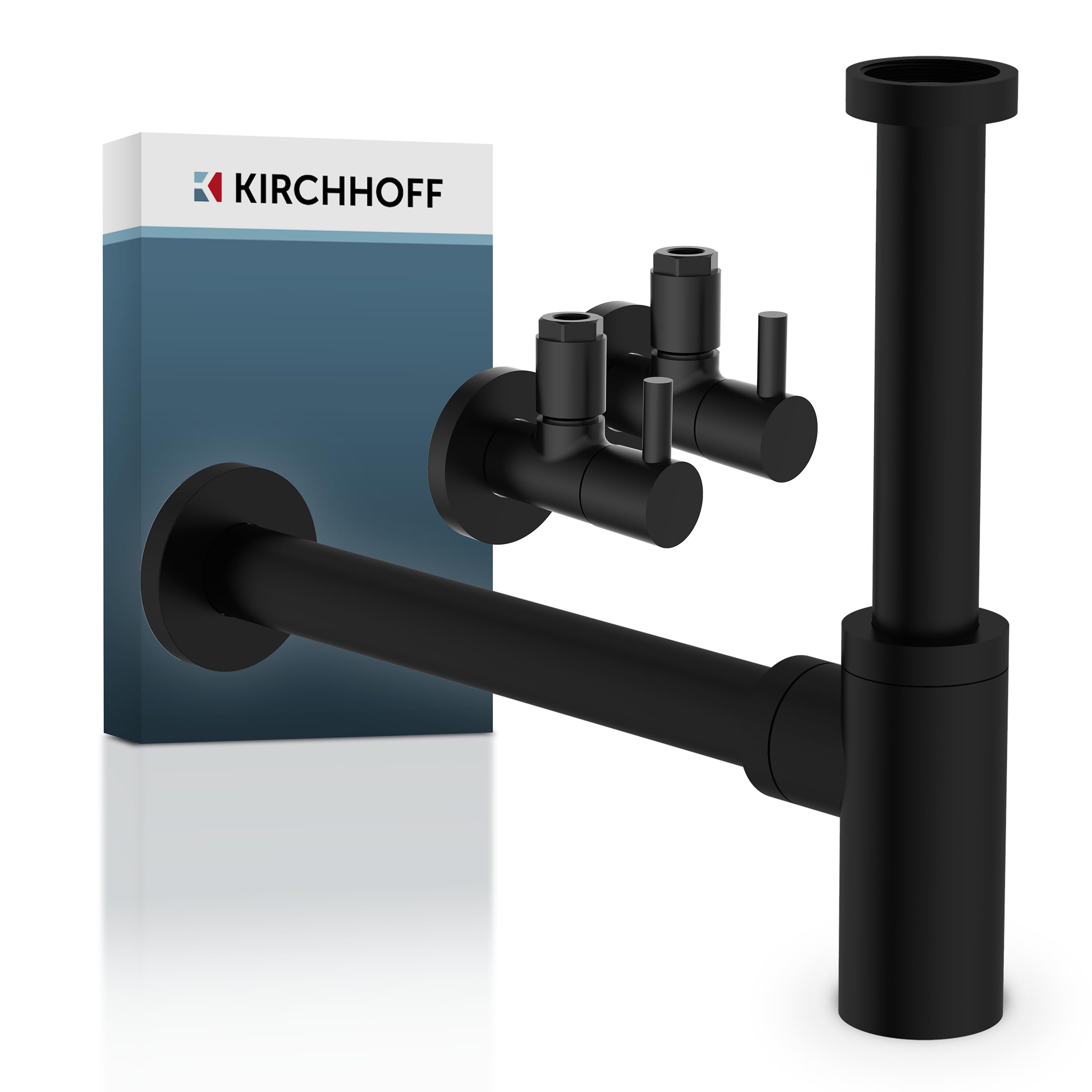 Bundle aus KIRCHHOFF Design Universal Eckventil mit Schnellverschluss + Design Siphon, Matt Schwarzer Abfluss, Ablaufgarnitur für Waschbecken, Geruchsverschluss mit Reinigungsöffnung, Flaschensiphon