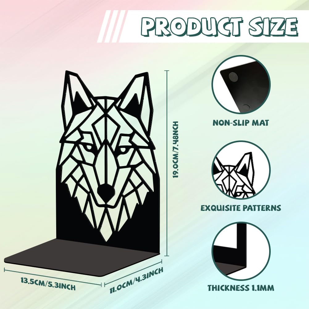 Peacoblue Metal Bookend Stopper Holder Stand for Shelves Decorative 5.3"x4.3"x7.5" Modern Creative Heavy Duty Study Book End for Desk Shelf 1 Pair (Geometric Wolf Head) - Image 2