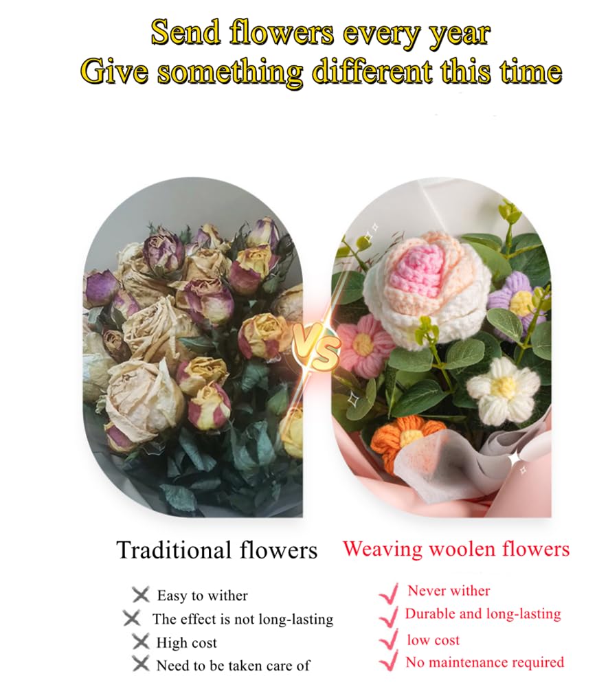 NatureMan Bouquet di fiori artificiali intrecciati a mano, con sacchetto regalo per San Valentino, compleanno, matrimonio, laurea, festa della mamma e decorazione per la casa (bouquet di rose viola)