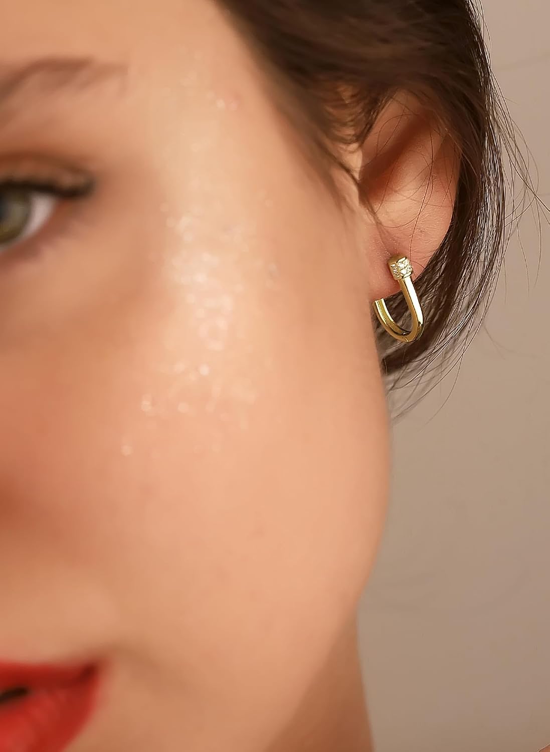 925 Sterling Silver Diamond Pave U Shaped Hoop Earrings - Gift for Her - 14K Gold Plated Diamond Pave Huggie Hoop Earrings (14K Rose Gold)