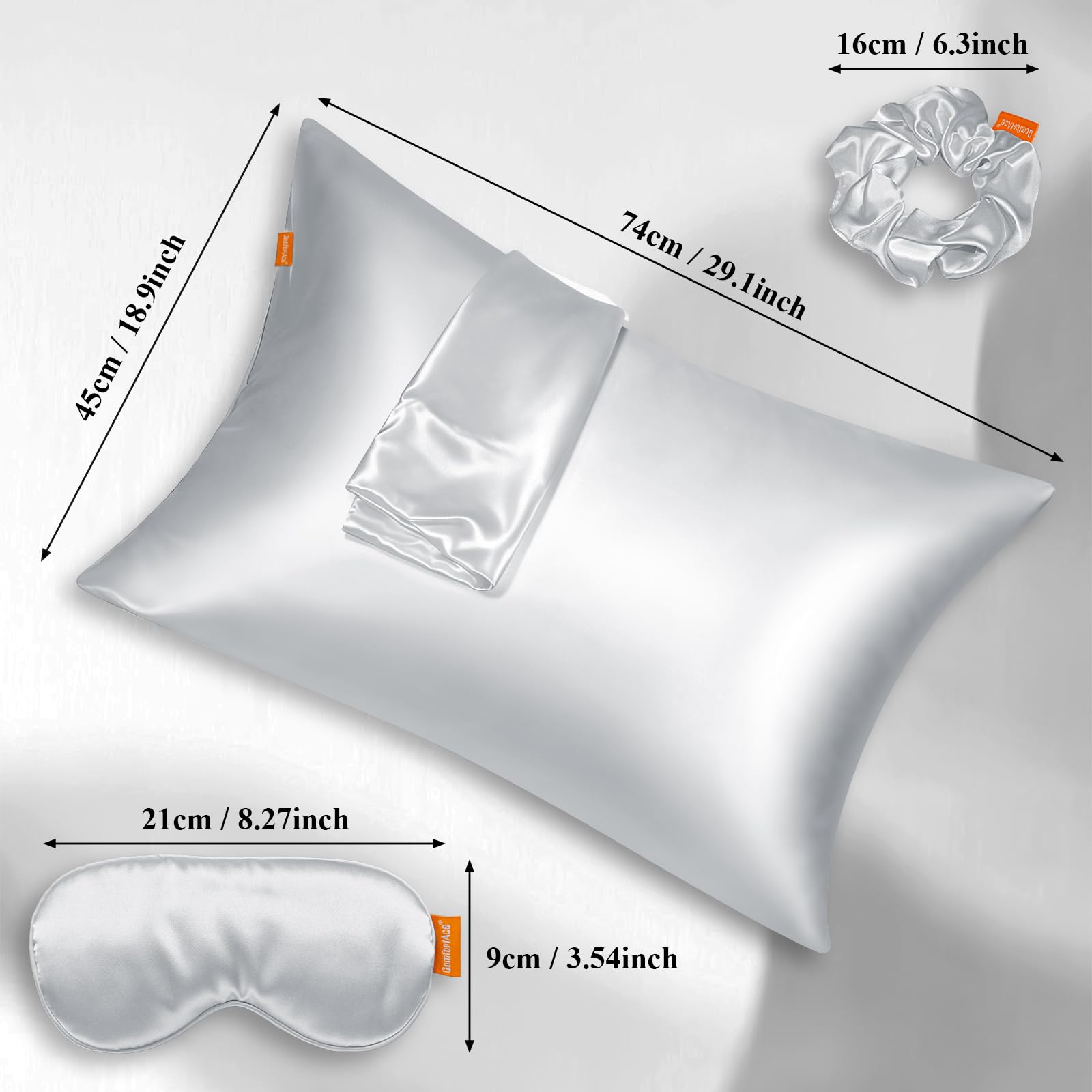 Juego de 3 piezas: funda de almohada de seda, goma de seda y antifaz para el cuidado del cabello y la piel, 40 x 80 cm (estilo clásico) con cremallera invisible (gris plata)