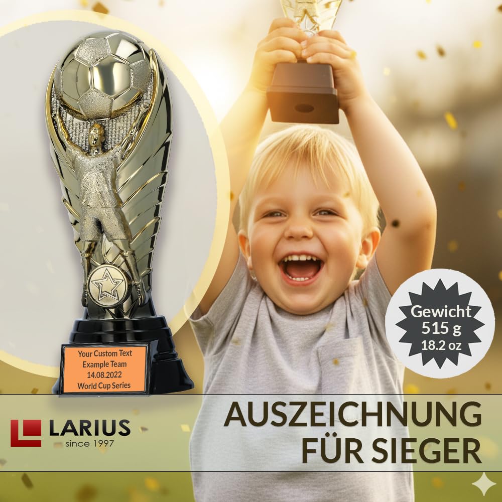 Larius Trofeo Calcio Premium 19/22/25 cm – Oro, Peso Fino a 1,2 kg – con/Senza Incisione Personalizzata | Elegante Coppa per Campioni, tornei e Club – F1
