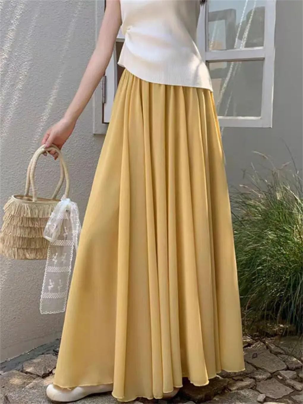 Jupe longue en mousseline de soie pour femme - Taille haute - Ourlet fluide avec drapé et silhouette large