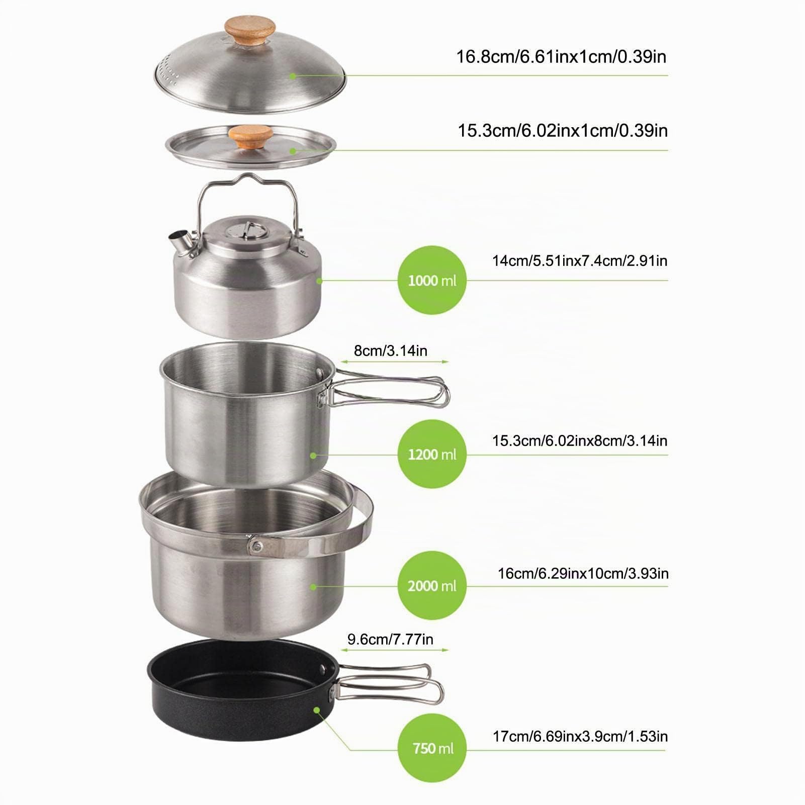 Outdoor Kochgeschirr Set, Camping Kochgeschirr Set aus Edelstahl, Faltbare Kochtopf Hängetopf Wasserkocher und Aufbewahrungstasche, Outdoor Kochset für Camping Picknick Wandern