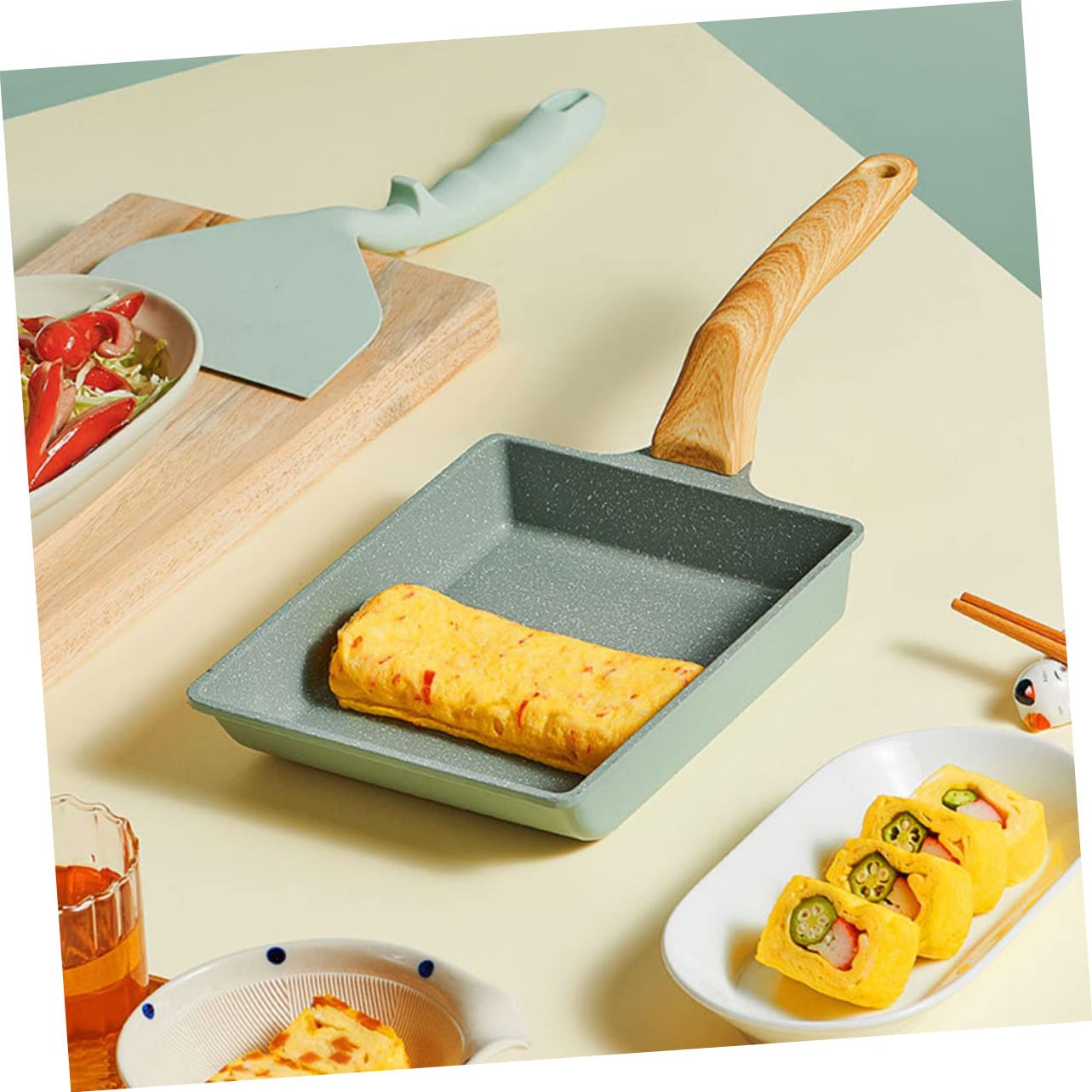 Padella Tamagoyaki Rettangolare Antiaderente Manico in Legno Ergonomico Padellino per Uova e Frittate Giapponesi Distribuzione Calore Uniforme per Cucina Quotidiana