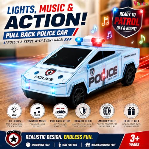 Image of VikriDA Push & Go Police Patrol Car Toy for Kids with Flashing Lights & Music - Friction Powered City Guard Vehicle with Realistic Sound Effects