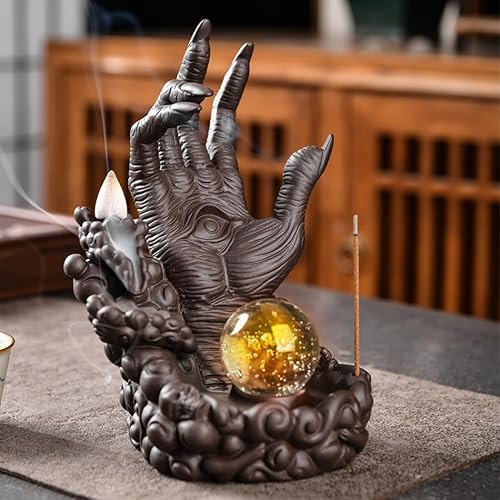 Miniatura 7 de Quemador de incienso de reflujo, quemador de incienso de cascada, decoración de manos y ojos de diablo, soporte de incienso de cerámica con 20 conos
