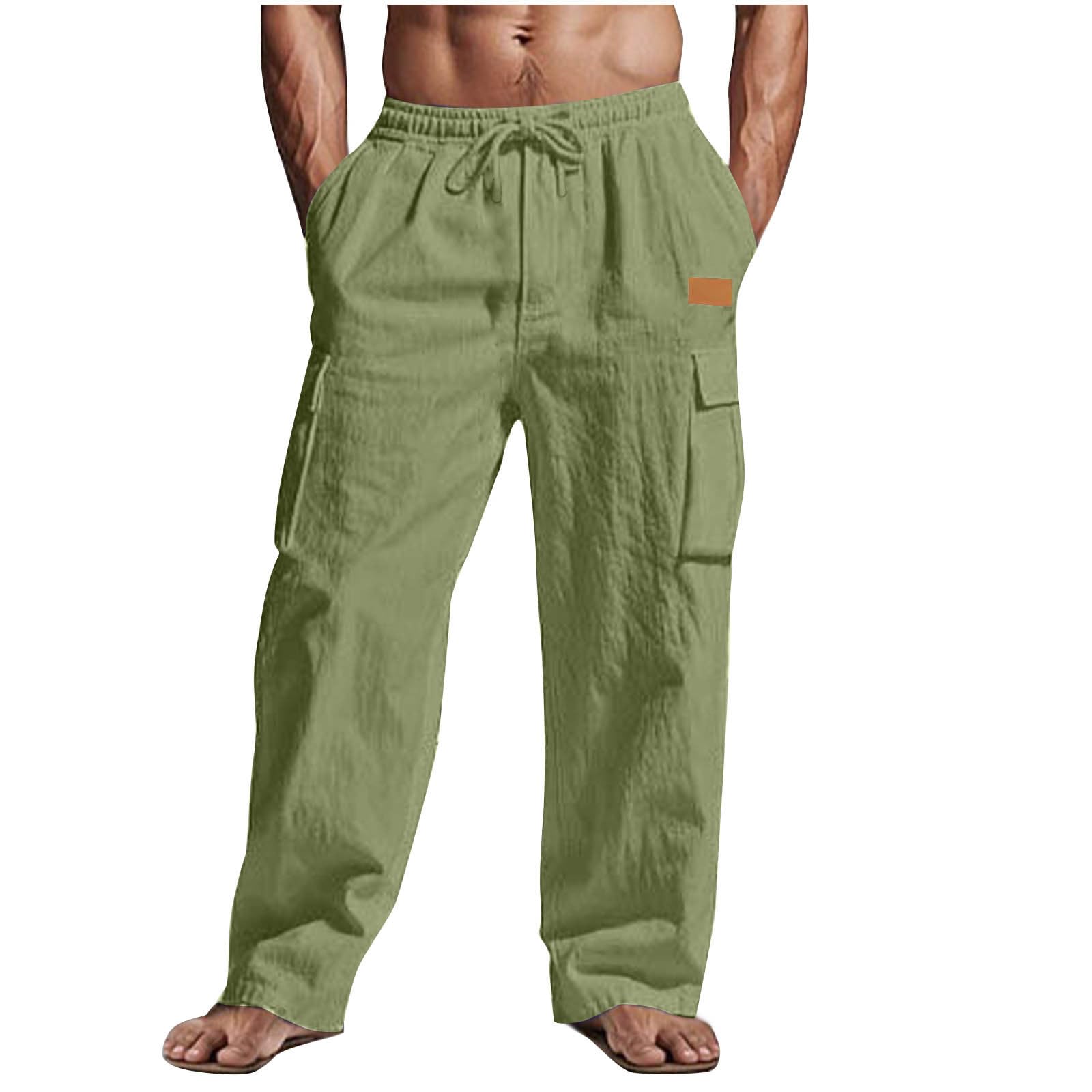 Men's Linen Trousers UK Clearance Cargo Combat Pants Casual Jogger Elastic Waist Drawstring Outdoor Trousers Loose Fit Plain Sweatpants Cotton Linen Pants with Multi Pockets Full Length Bottoms