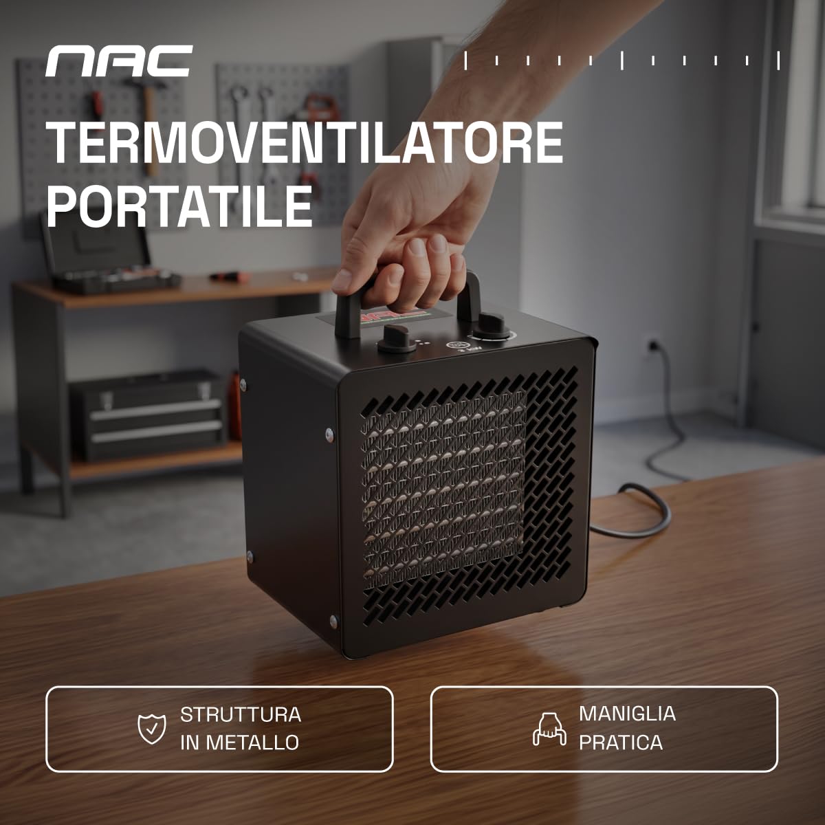 NAC Termoventilatore Elettrico 3000W – Dispositivo di Riscaldamento in Ceramica con Termostato – Riscaldamento Elettrico Portatile per Garage, Officina, Cantiere, Serra - New American Concept