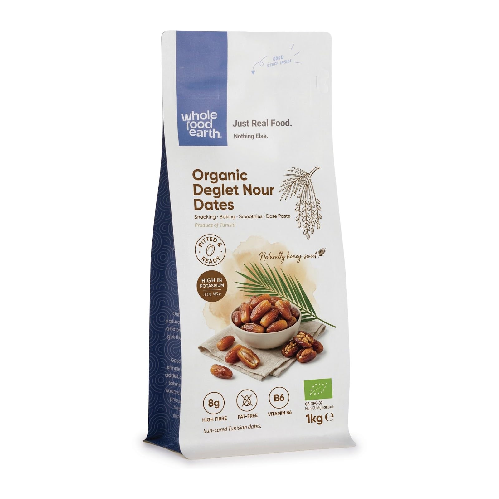 Wholefood Earth Organic Dried Deglet Nour Dates (Pitted) – 1 kg | GMO Free | Raw | Vegan | High Fibre | Certified Organic