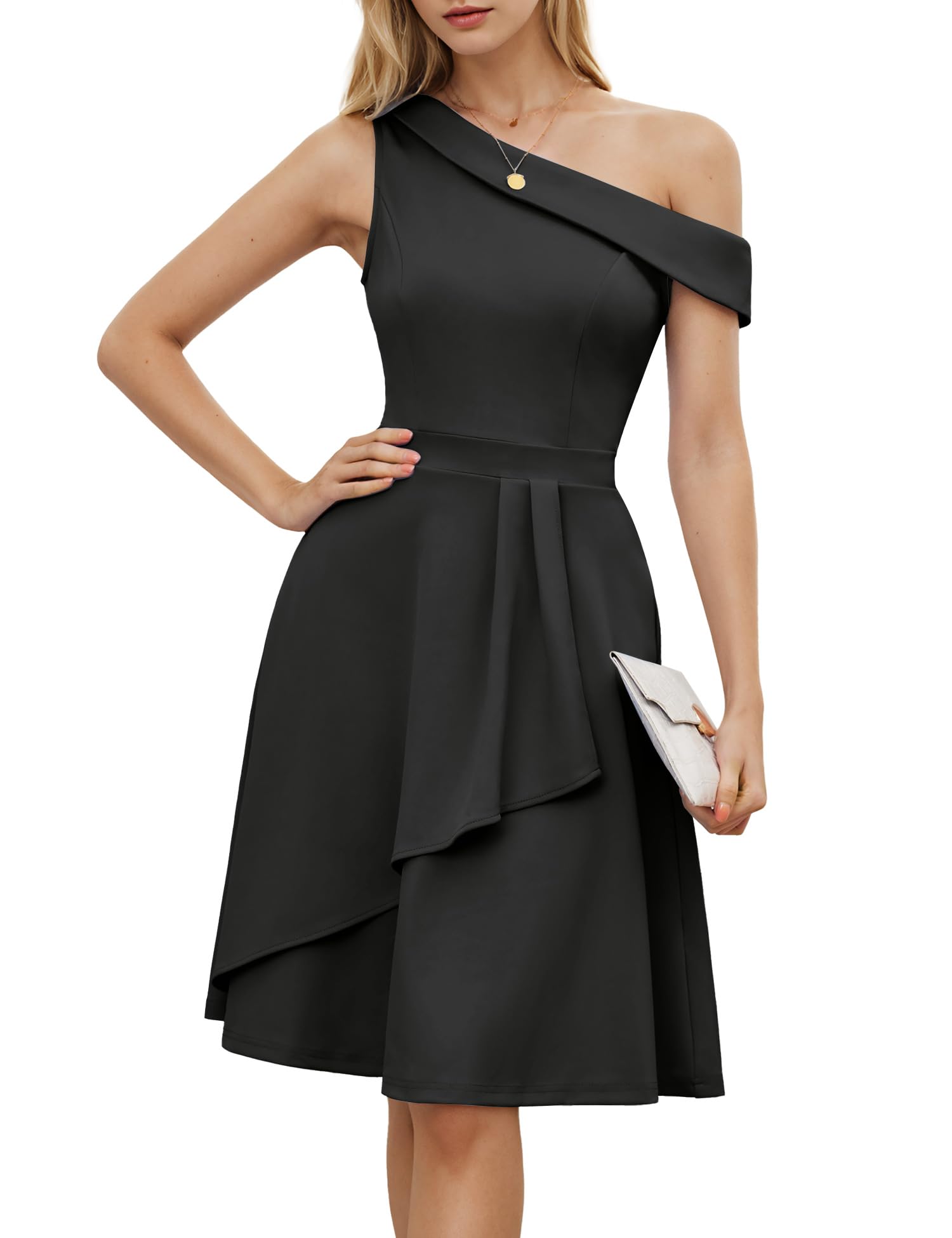 Dressystar Women One Shoulder Ruffle Wedding Guest Dress Spring A Line Wrap Knee Length Cocktail Formal Dresses with Pockets