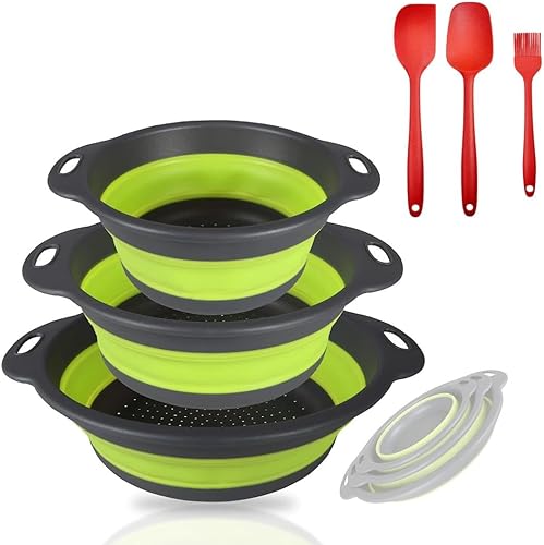 Juego de colador de cocina plegable de silicona. Diseño versátil sobre el fregadero. Tamaños XL, L y S. Ahorra espacio con un pequeño colador de