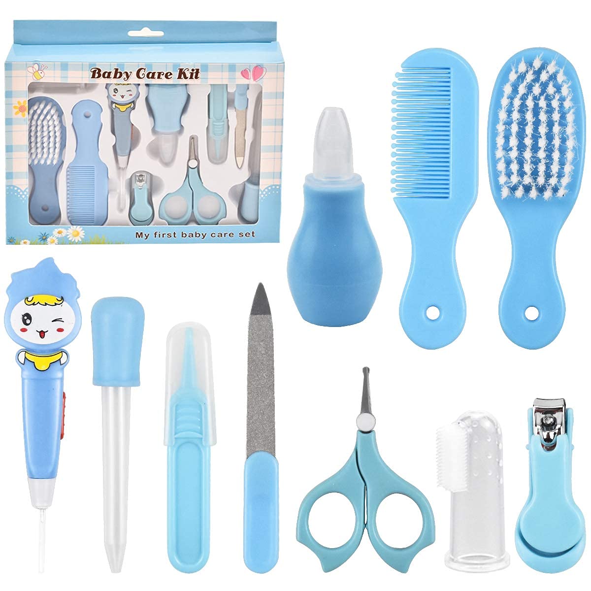 Baby Grooming Baby Healthcare Kit Newborn Baby Care | Accessories Baby Health Care Set| Baby Nail Clipper |Scissors Hair Comb| Hair Brush |Nose Cleaner | Safety for Toddler| Infant Nursing Grooming (10pc Grooming Set - Blue)