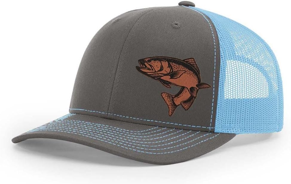 Trout Fishing Hat Laser Engraved Leather Patch Richardson 112 Snapback Trucker Cap