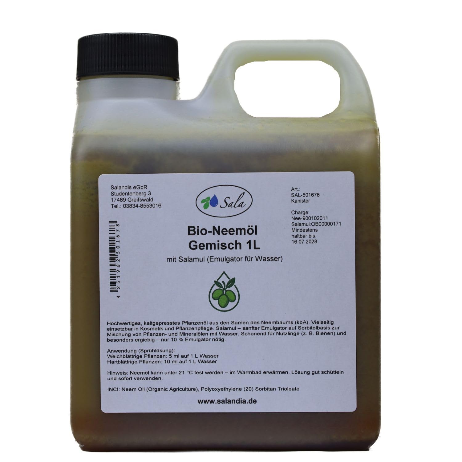 Sala BIO-Neemöl kaltgepresst mit Salamul (ersetzt Rimulgan) Emulgator fertig gemischt 1 L 1000 ml Kanister
