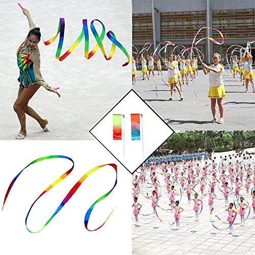 Hoonao 2 Pack 4 Meter Gym Dance Ribbon Rhythmic Art Gymnastic Streamer Twirling Rod Stick For Artistic Dancing Rainbow Color #TOP5