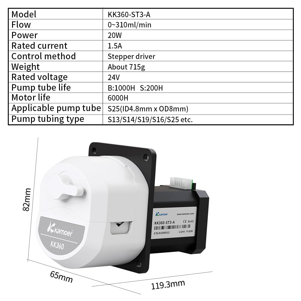 Kamoer KK360 Schlauchpumpe mit Schrittmotor mit hohem Durchfluss 24 V | Schnellwechsel, Flüssigkeitsdosierpumpe, PWM, 13-310 ml/min, 300 U/min, 5 Arten von Schläuchen