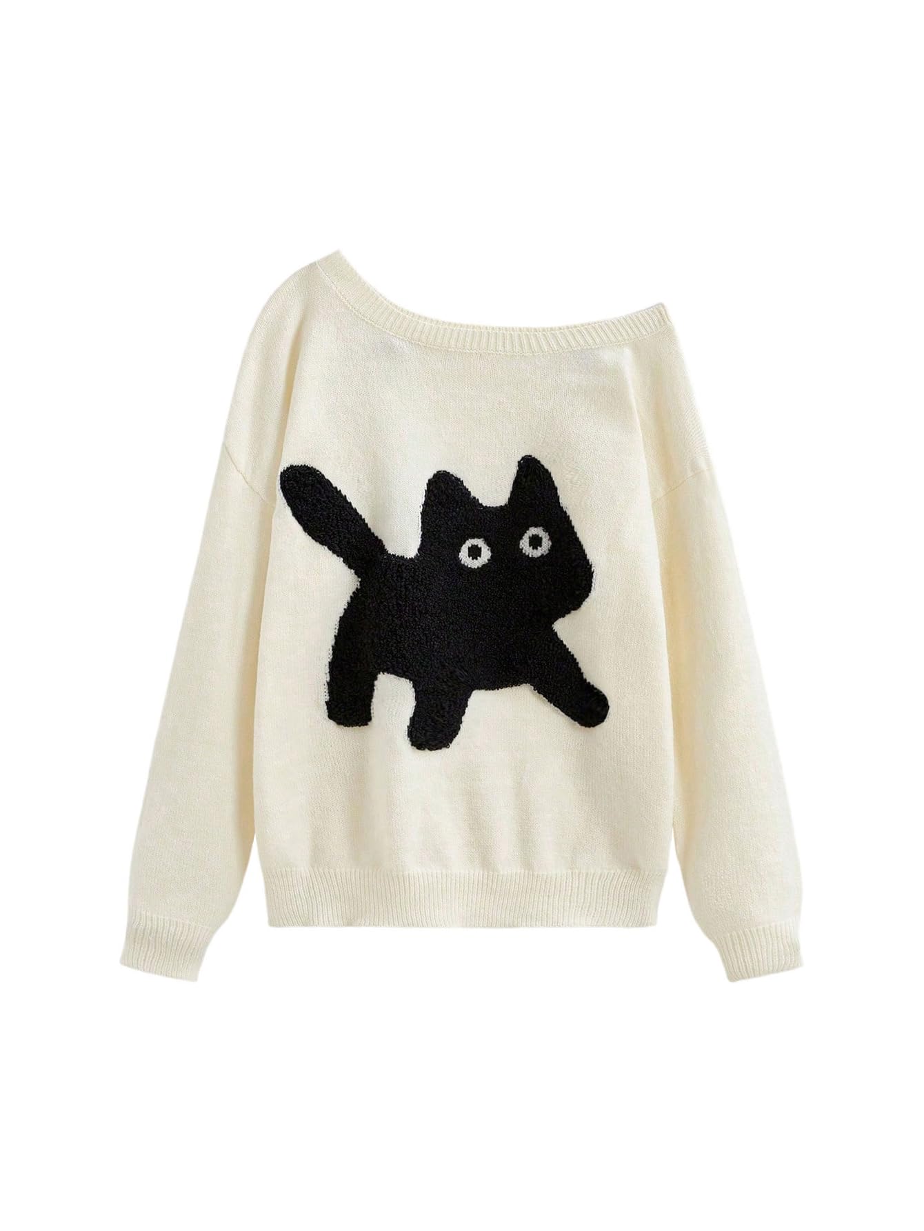 WDIRARA Womens Plus Size Cute Cat Graphic Sweater Off The Shoulder Long Sleeve Pullover Knit Tops