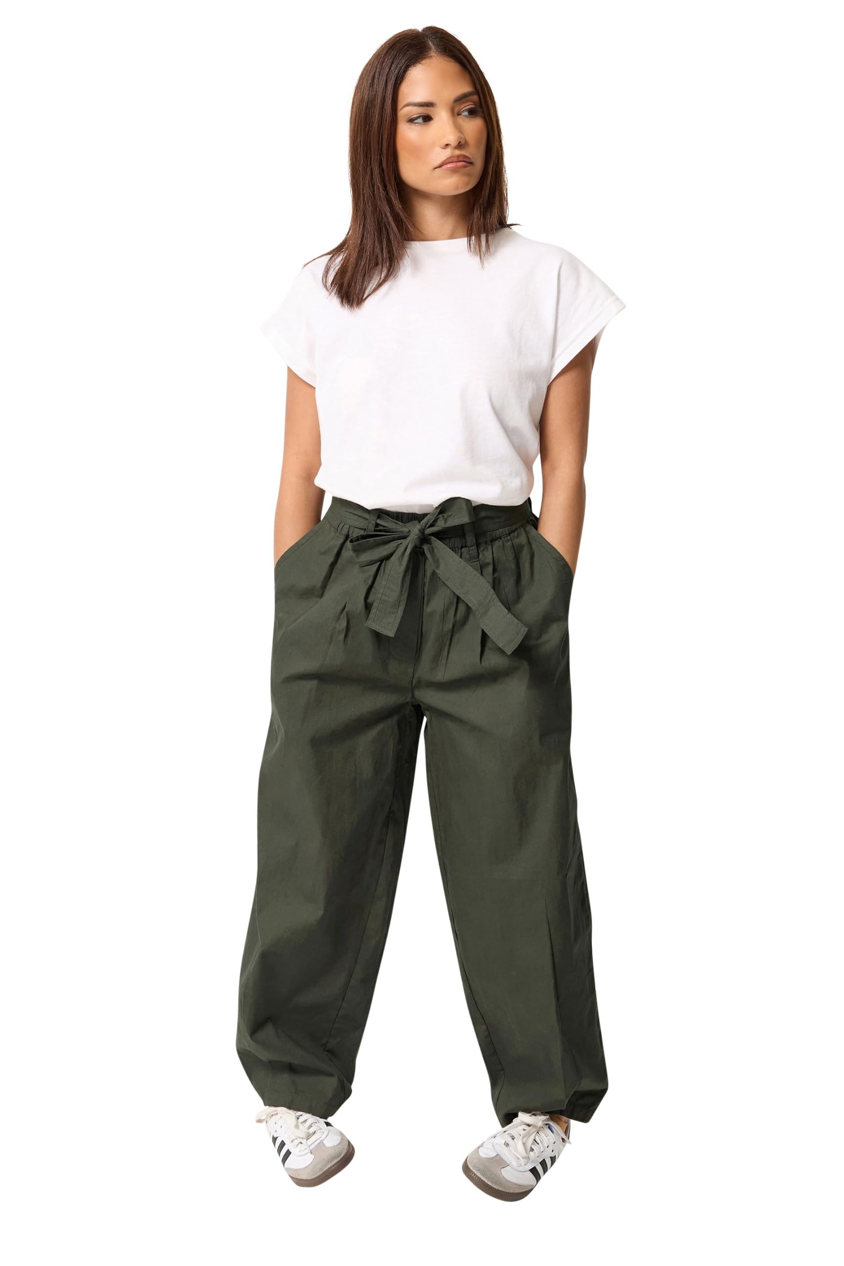 Pixiegirl Women's Dark Olive Petite Poplin Barrel Trousers In | Size: 12