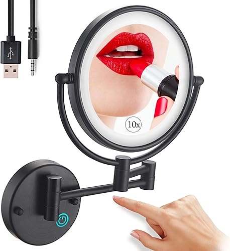 NaDrn - Espejo de maquillaje montado en la pared con aumento de 10X, espejo de tocador de doble cara de 8 pulgadas con luces LDE para niñas,