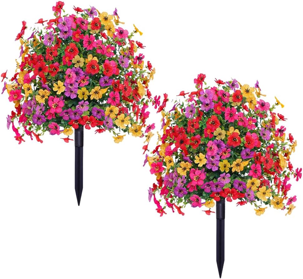 Artificial Boxwood Topiary Balls with Violet Flowers - 24" Realistic UV Resistant Fake Shrubs, Outdoor/Indoor Faux Flower Plants for Garden, Yard, Porch, Patio with Ground Spikes (2, Colorful)