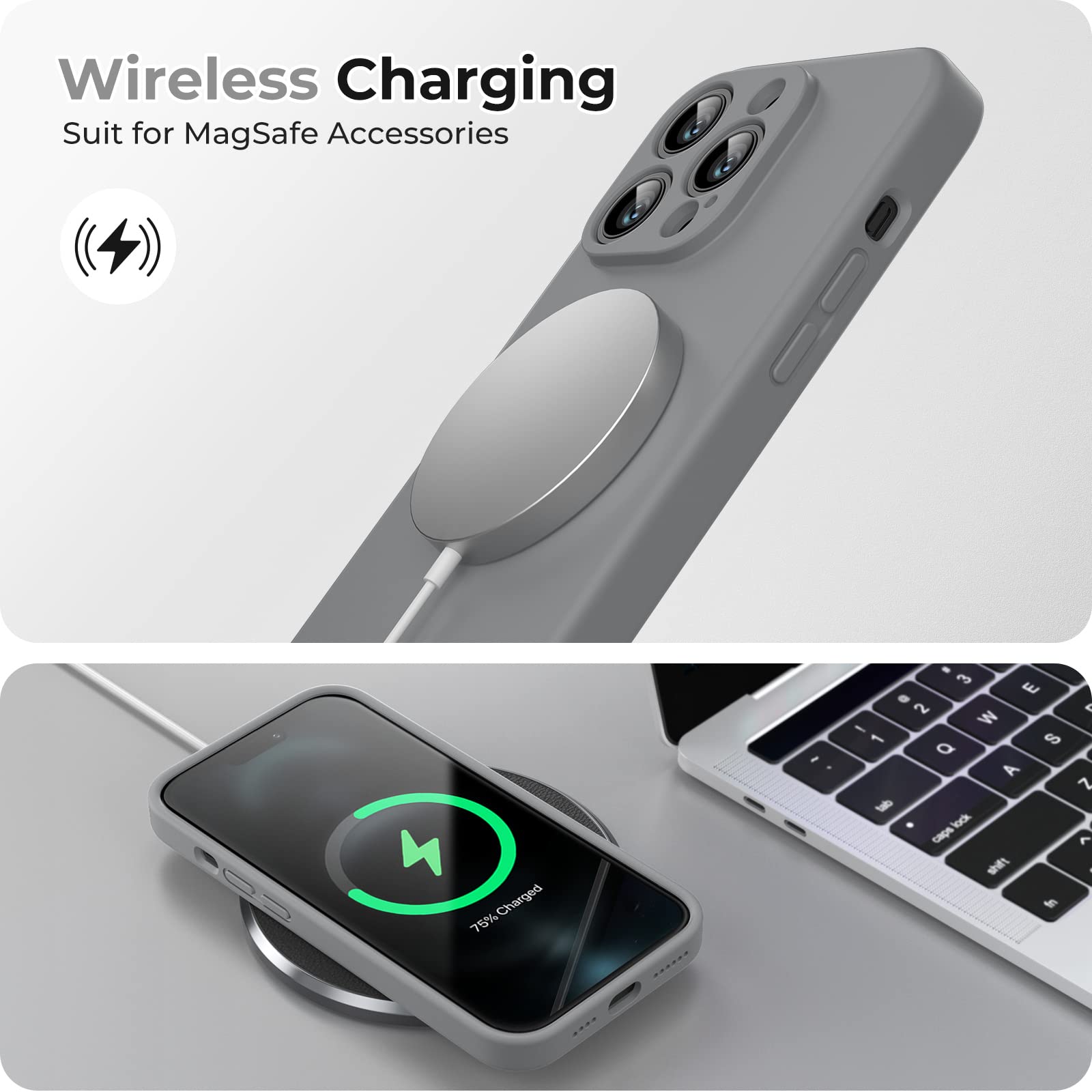 GOODVISH 3 in 1 Cover per iPhone 14 Pro Max Silicone per 6,7", con 2 Pezzi di Pellicola Protettiva, iPhone 14 Pro Max Custodia per Cellulare Antiurto Resistente 360° Protezione, Grigio