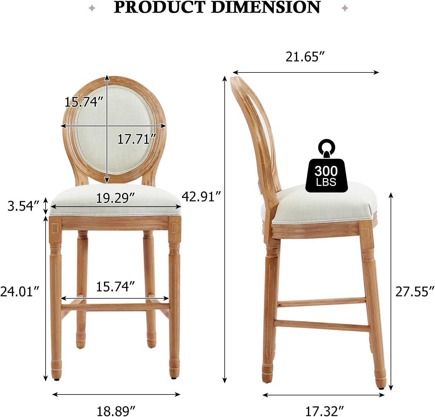 Nrizc Bar Height Chairs Set of 2, French Country Barstools with Solid Wood Frame and Upholstered Seating, Bar Stool for Dining Room, Kitchen