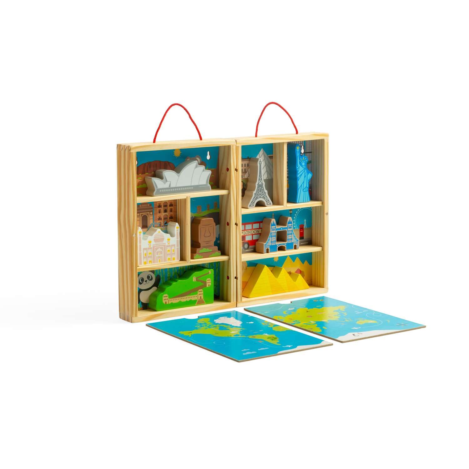 Bigjigs Toys Podróżny zestaw do zabawy – 10 szt. drewniany zestaw do zabawy z zabytkami świata i rozkładaną matą do zabawy, dla małych dzieci i dzieci, przyjazna w podróży zabawka, zestaw Montessori