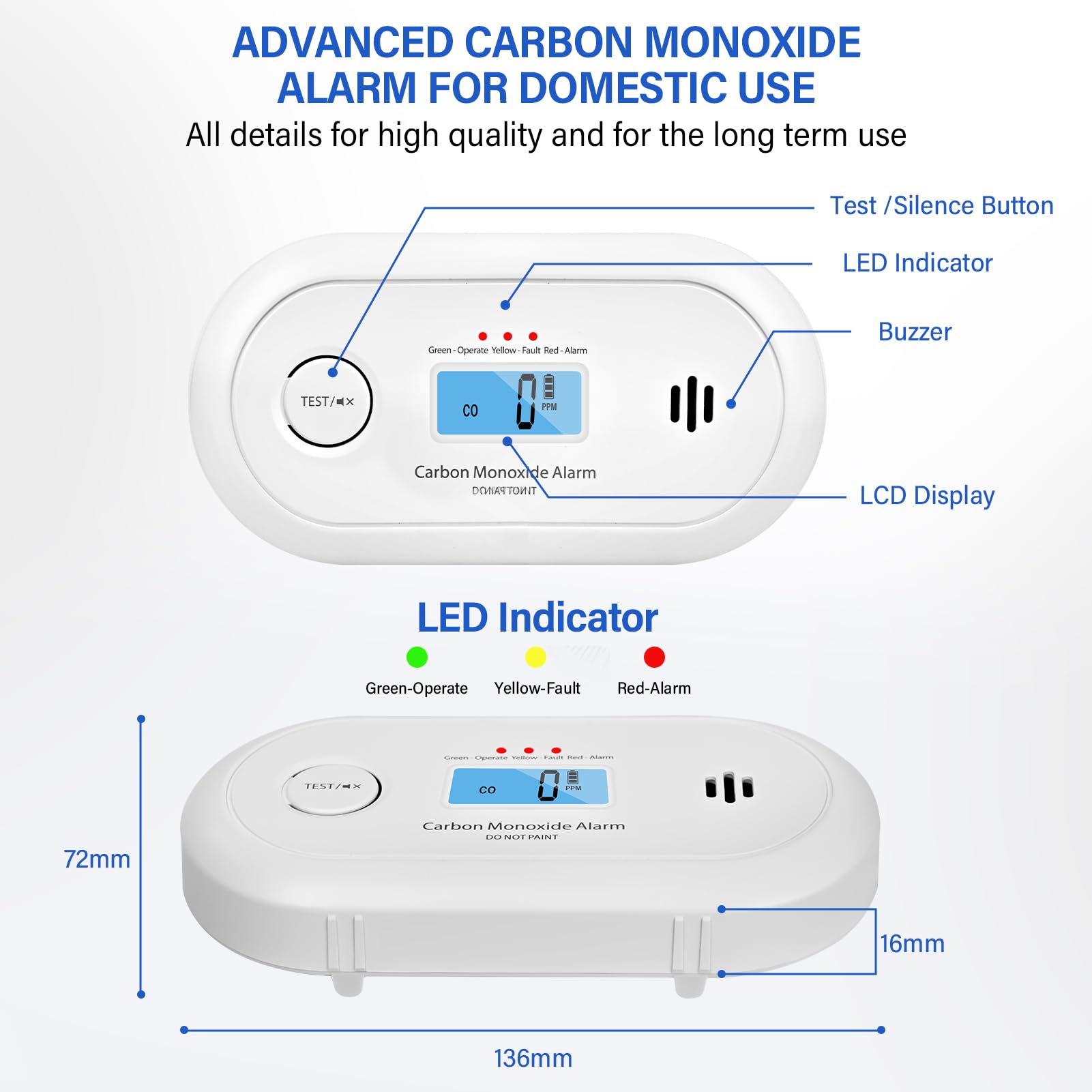 Detector Monóxido Carbono con Sensor CO 10 años, batería reemplazable 5 años, portátil Carbon Monoxide Detector diseño a Prueba de explosiones de Alta sensibilidad | Norma: EN 50291