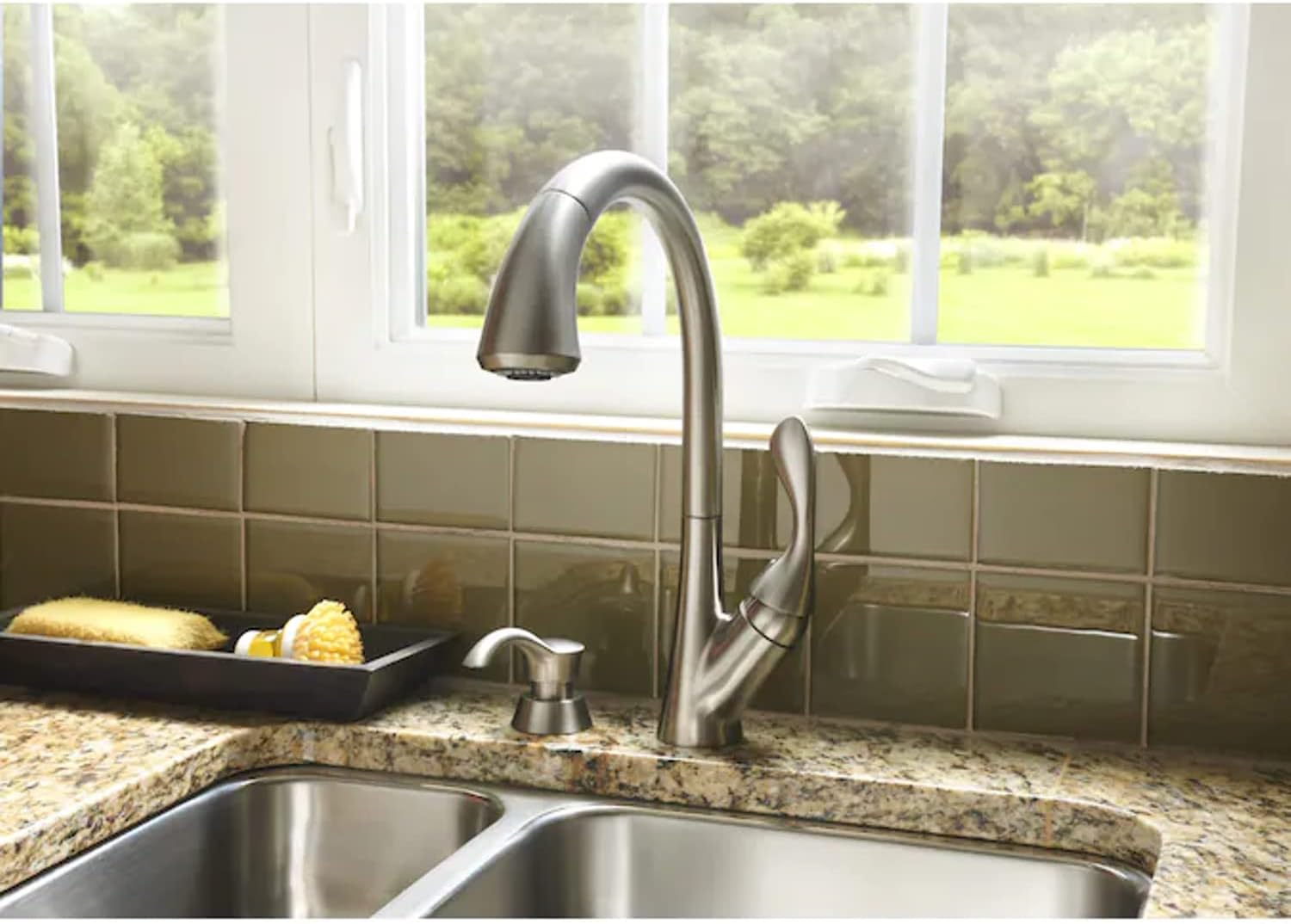 FAUCET CO Ashton, Stainless Finish, Single Handle, High Arc, Pull Down ShieldSpray Kitchen Faucet