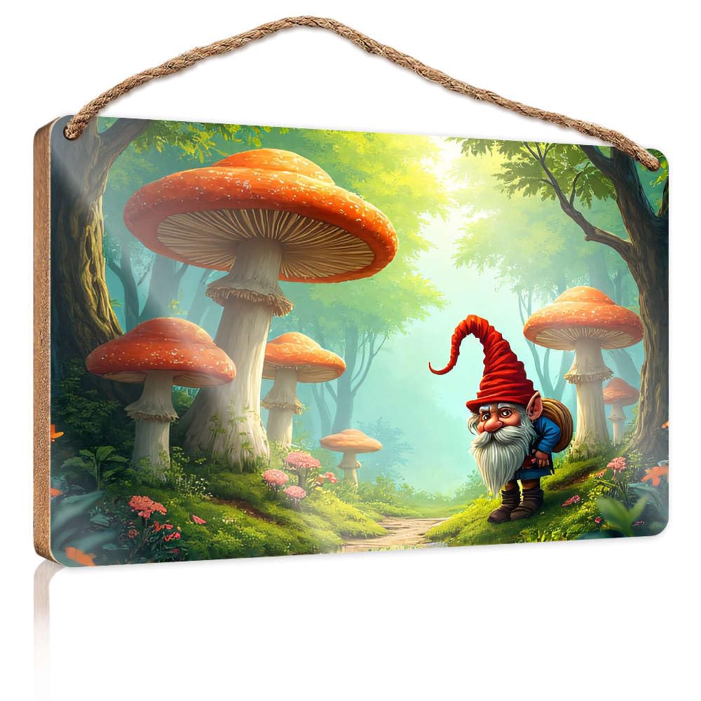 Bathroom Hanging Decor A Gnome Stands Amidst A Forest Of Oversized Mushrooms. Camper Decor Fall Porch Decor(23X35CM)
