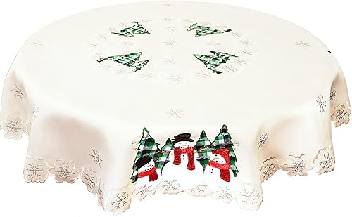 Simhomsen Mantel bordado de muñeco de nieve, copos de nieve y árbol de acebo (redondo de 69 pulgadas) disponible en Yaxa Colombia
