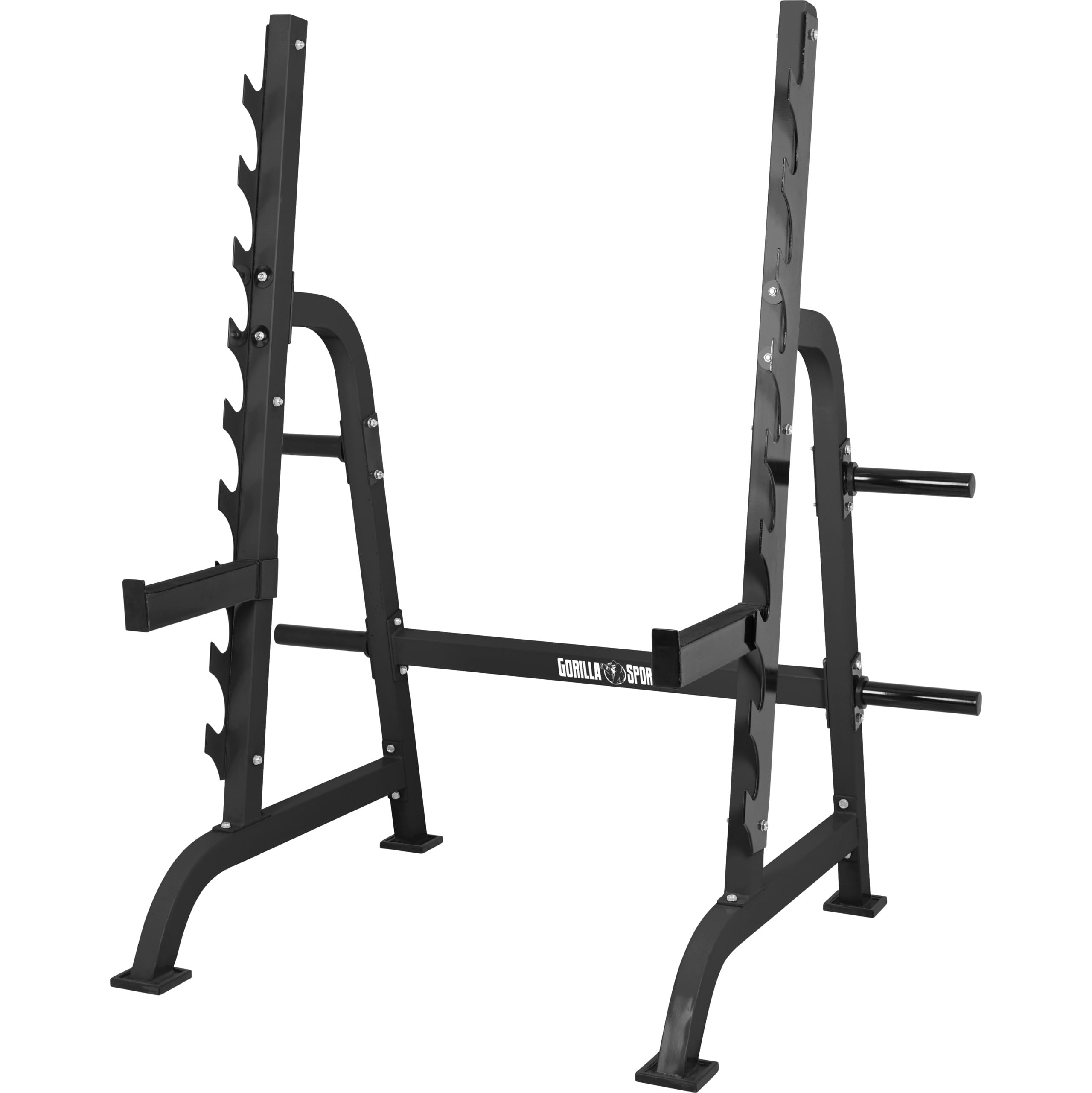 GORILLA SPORTS® Squat Rack mit 9 Ablagen und Scheibenständer, bis 300 kg | Mit 4 Aufnahmen für 50/51-mm-Scheiben und 40-cm-Sicherheitsablagen; Kniebeugenständer, Langhantelablage, Hantelständer