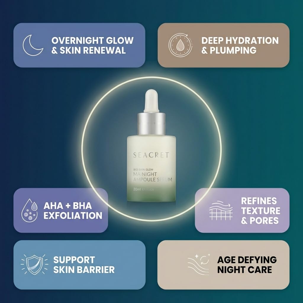 SEACRET Minerals Bio Skin Glow Face Serum, Multi-Acid Complex Night Serum for Face, Ampoule, 1 Fl Oz / 30 ml