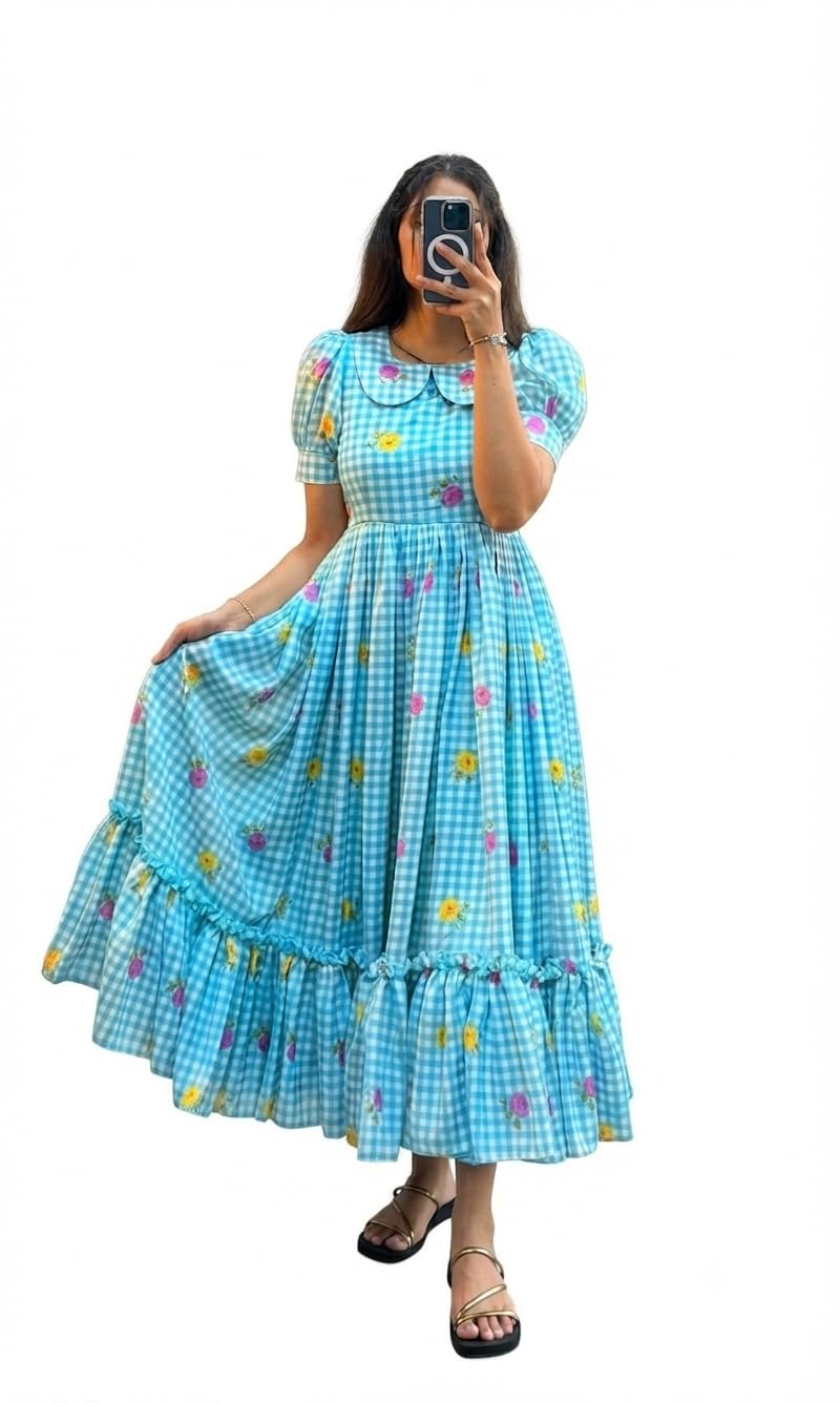 Sky Blue Gingham Check & Floral Print MUL Chanderi Tiered Gown-image-7