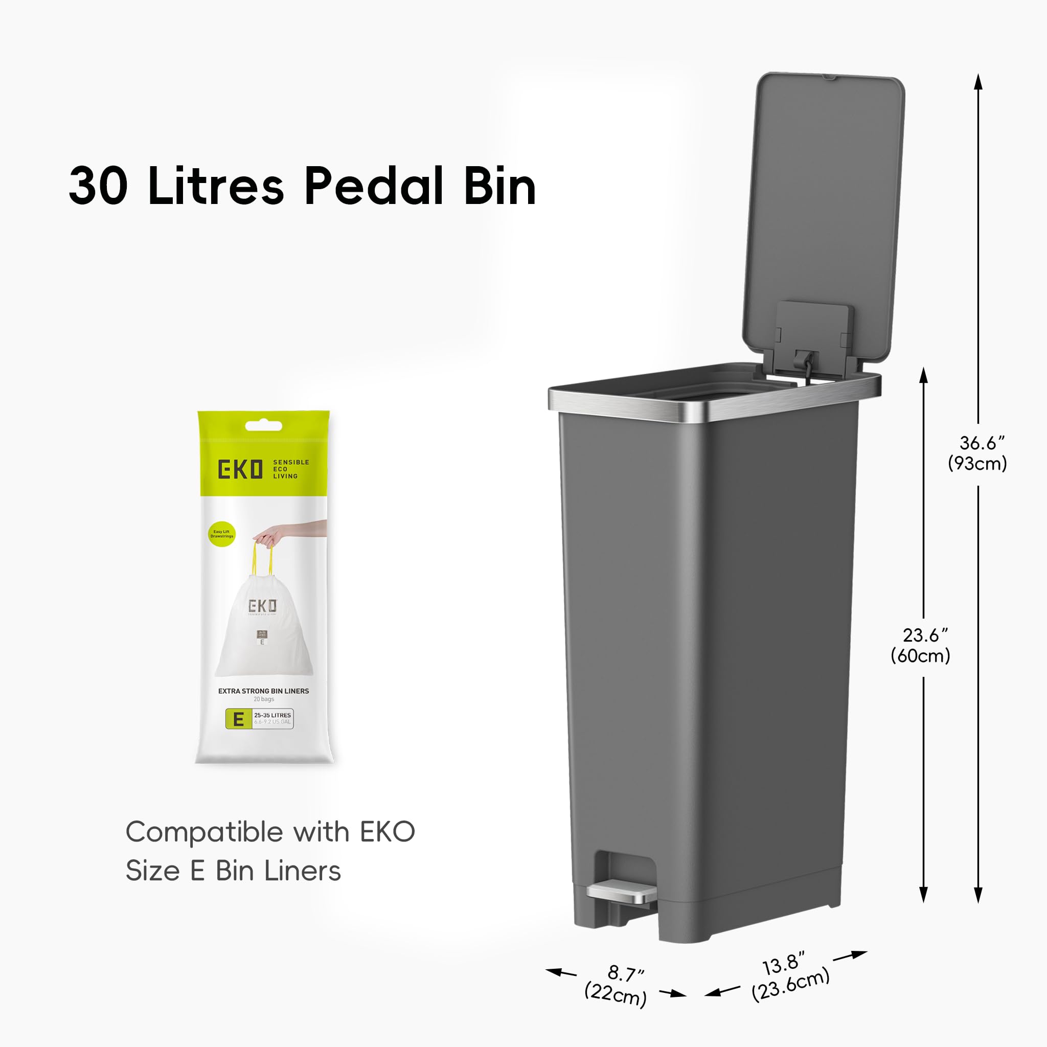 EKO Hana - Cubo de basura con pedal de cocina de 30 L, con ruedas integradas para cocina y uso doméstico, color gris